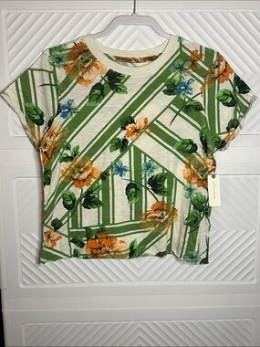 Anthropologie Cream Crop Top with Green Stripes & Orange Floral Print
